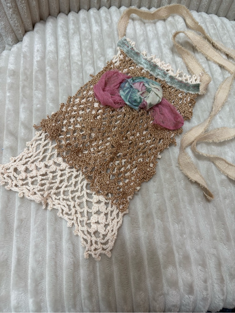 Handmade Crochet Mesh Jabot with Floral Accent